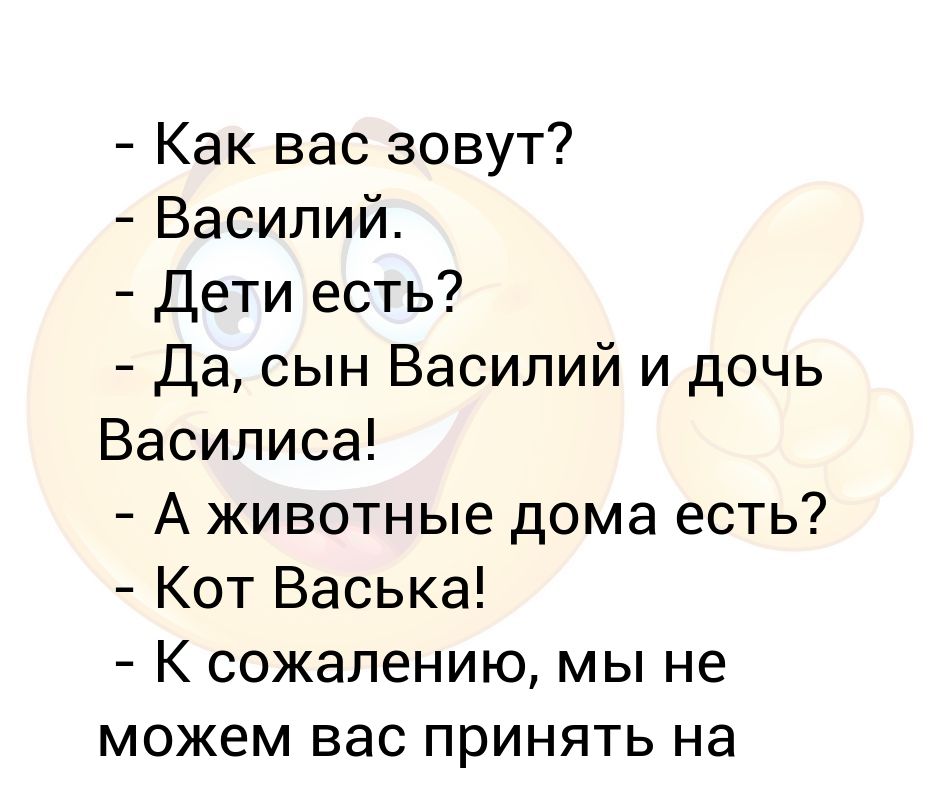 Как вас зовут. Меня зовут Василий. Васька Василиса. Анекдот Васька креативный.